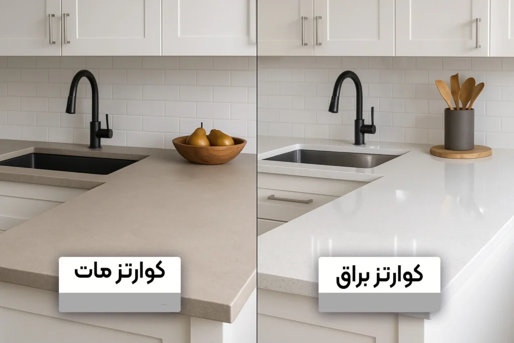 مقایسه صفحه کابینت کوارتز مات و براق در طراحی آشپزخانه مدرن